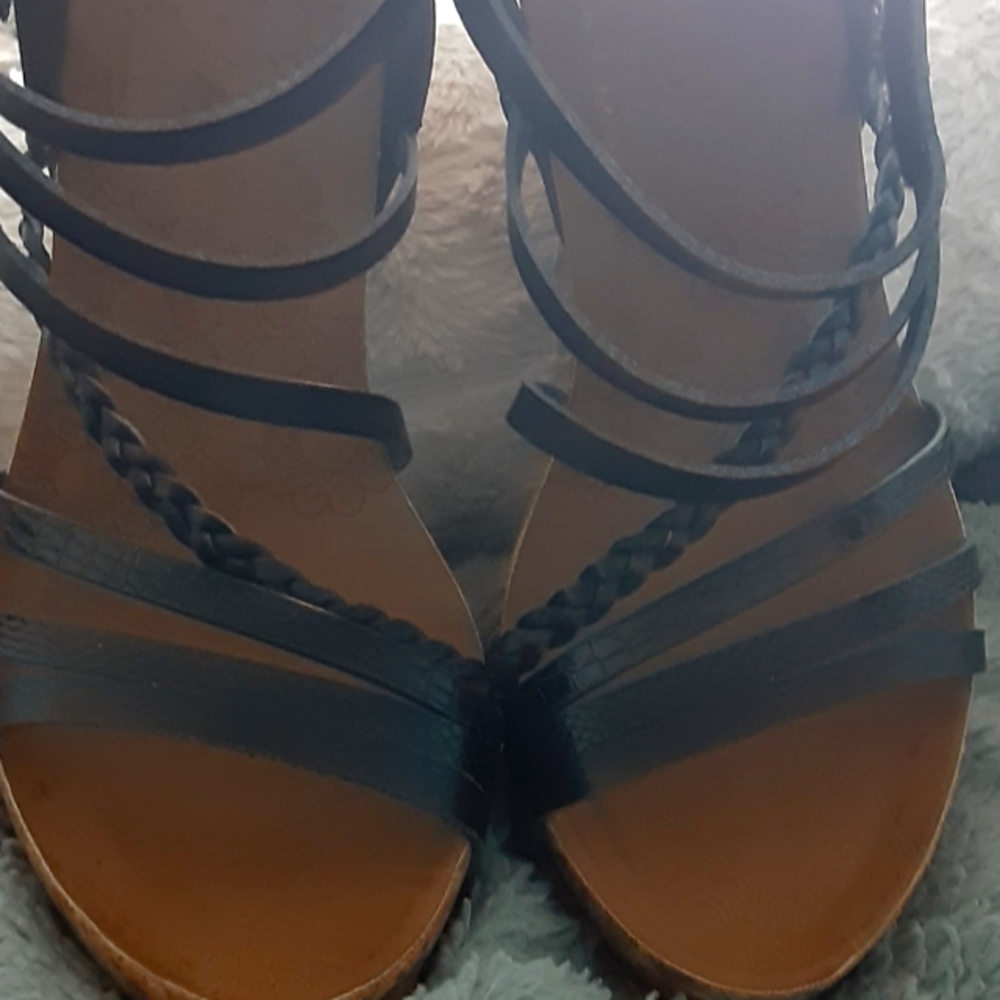 NEW. NEVER BEEN WORN. Blowfish Malibu Black Strappy Sandals with Lattice Design.